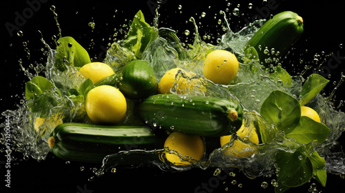 Smooth Fresh organic raw green zucchini courgette baby marrow Vegetables falling into water and splashes