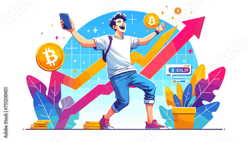Concept of the image of an investor who is happy with the explosion of Bitcoin. Vector illustration.