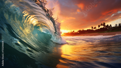 Ocean wave swirls into a tube at sunset landscape