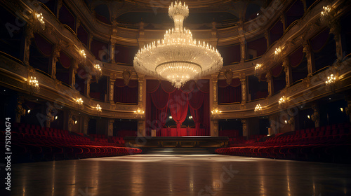The auditorium of the theater with red seats and a large chandelier