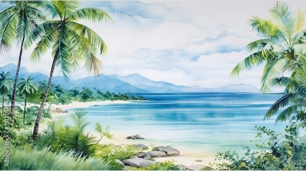 Panoramic view tropical climate simple watercolor