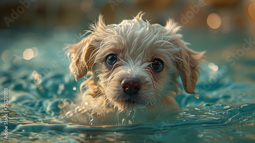 a white puppy swimming in the swimming pool, in the style of light,generative ai © JKLoma