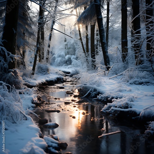 Beautiful winter landscape with a river and trees covered with snow.