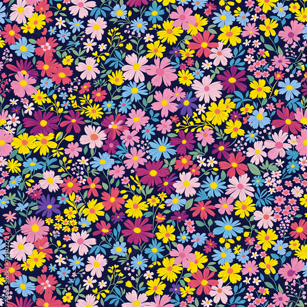 a vibrant and dense array of multicolored flowers painting, representing a typical pattern used in fashion or home decor - Generative AI a vibrant and dense array of multicolored flowers painting, representing a typical pattern used in fashion or home decor - Generative AI