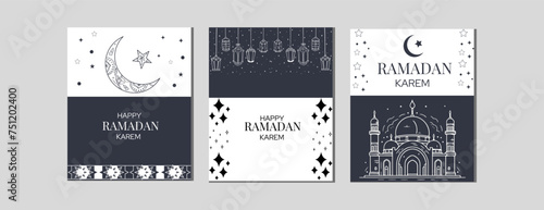 Ramadan Kareem greeting card with mosque and moon. Vector illustration
