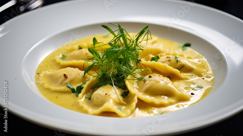 Piatto di deliziosi agnolotti in brodo tipica past