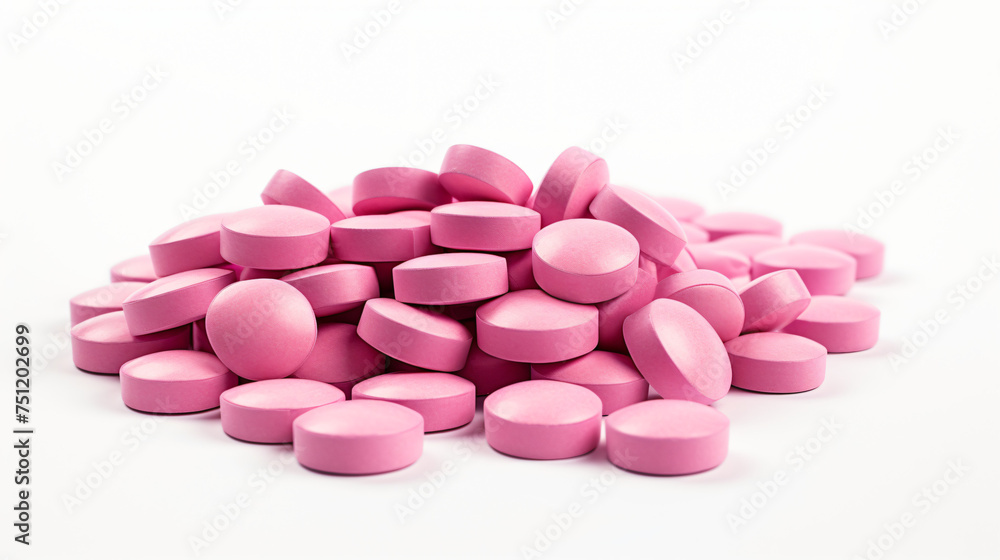 Pile of warfarin pink tablet pills on white background