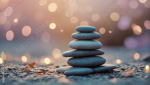 A perfectly aligned stack of pebbles on reflective surface with warm bokeh lighting in the background  zen stones on the beach