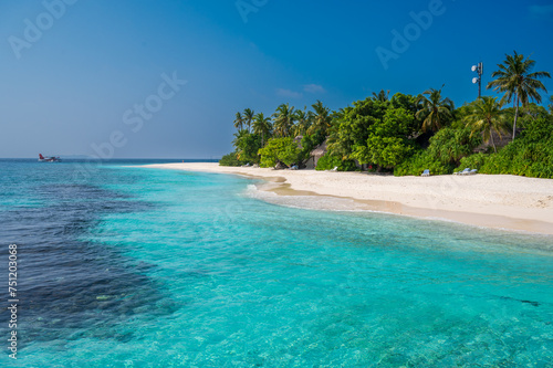 Beautiful sandy beach with a dense green forest. Seaplane floats on the sea. © Denis