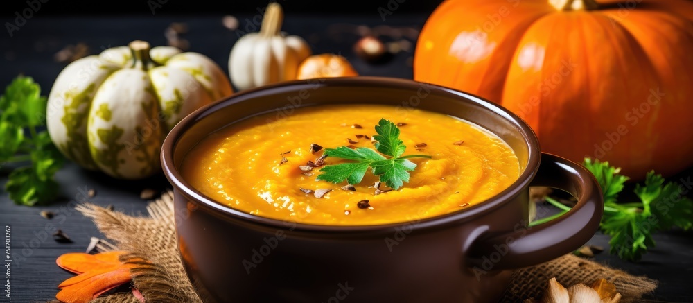 A brown bowl filled with delicious homemade vegan pumpkin carrot soup sits next to pumpkins. The hearty and nutritious soup is perfect for fall, exuding warmth and comfort. A brown bowl filled with delicious homemade vegan pumpkin carrot soup sits next to pumpkins. The hearty and nutritious soup is perfect for fall, exuding warmth and comfort.