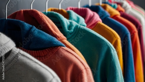 row of different colorful youth cashmere sweaters and hoodies, sweatshirts and on a clothes rack