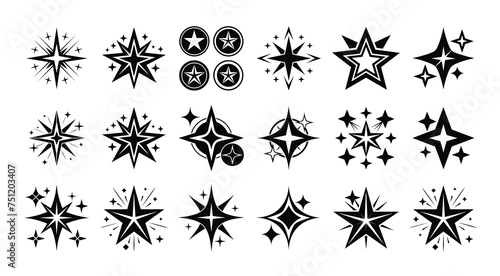 Sparkle star icons. Shine icons. Different black sparkles icons. Collection of star sparkles symbol. Set of different beautiful star and spakle shapes vector collection