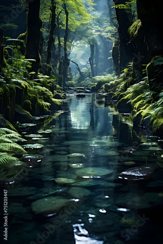 A beautiful shot of a river flowing through a forest in the morning