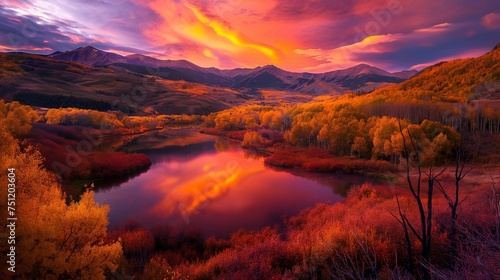 A symphony of colors in the sky during sunset, blending warm tones of orange, pink, and purple over an autumn landscape.