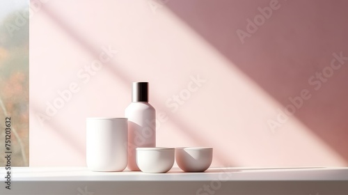 A serene cosmetic mockup with a pastel tone cream jar and lotion bottle  accompanied by delicate pink flowers  all bathed in soft light