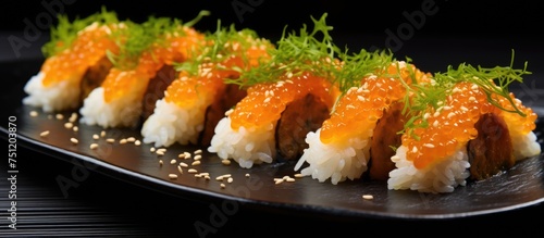 A black plate is presented with sushi topped with a delicious sauce. The sushi is made with fresh uni rice, promising a perfect blend of flavor in every bite.