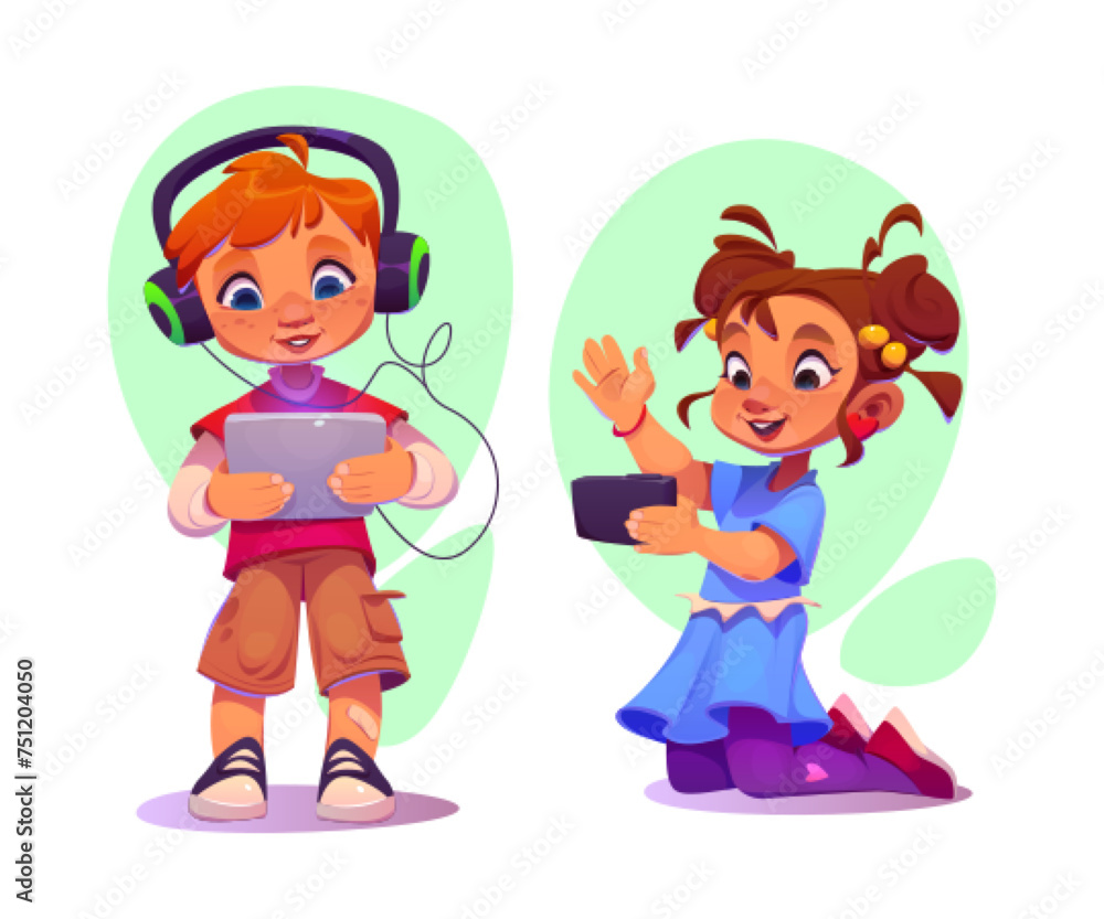 Kids using gadgets isolated on white background. Vector cartoon illustration of girl having video call on smartphone, boy in earphones playing game on tablet, smart technology for education and fun Kids using gadgets isolated on white background. Vector cartoon illustration of girl having video call on smartphone, boy in earphones playing game on tablet, smart technology for education and fun