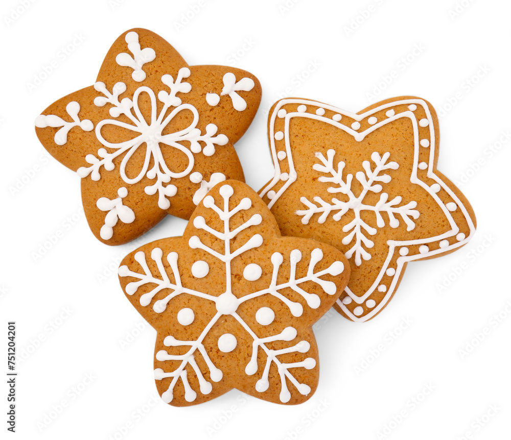 Tasty star shaped Christmas cookies with icing isolated on white, top view Tasty star shaped Christmas cookies with icing isolated on white, top view