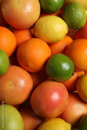 Different fresh citrus fruits as background  top view