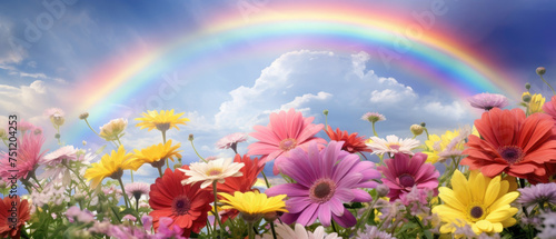 Rainbow circles over a colorful flower meadow field with bright blue cloudy sky created with Generative AI Technology 