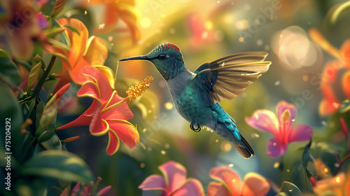 Charming hummingbird flitting gracefully among the vibrant tropical flowers. 
