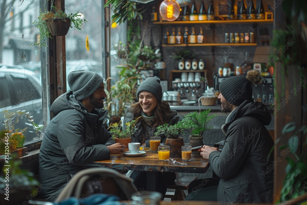 Diverse Friends Discussing Life Over Coffee in a Rustic Cafe