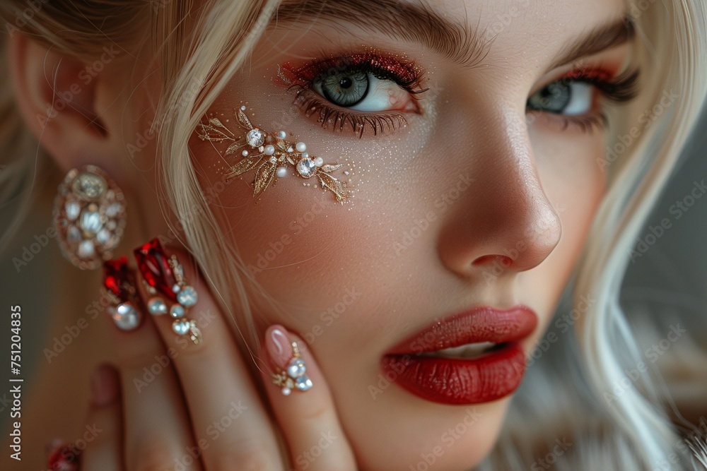 Woman Admires Diamond Nail Art, Hand Gracefully Resting Under Her Lip