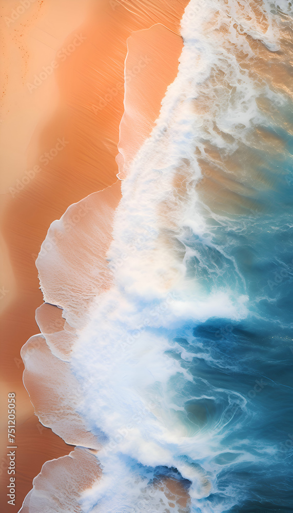 Aerial view of ocean waves crashing on sandy beach at sunset.