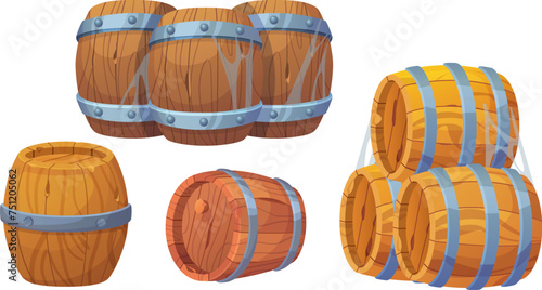 Old wooden barrels with metallic rings for wine and whiskey making, gunpowder and tnt storage. Cartoon vector illustration set of old wood keg. Vintage standing and lying cask stacked and single. photo