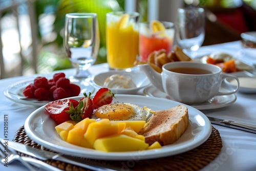 Breakfast with egg and fresh fruit.