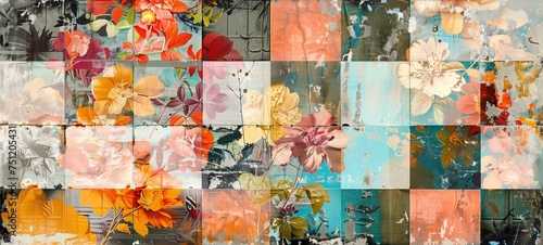 Collage of vintage floral patterns with a distressed finish, forming a creative tapestry of color and texture for backgrounds, wall art, or fashion design.