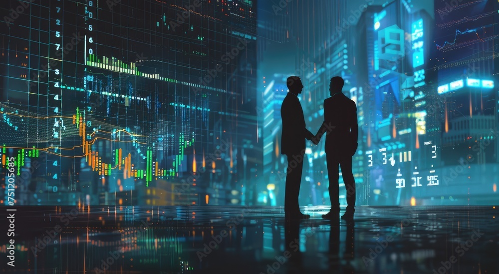 two businessmen shaking hands in the background of trading screens two businessmen shaking hands in the background of trading screens