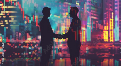 two businessmen shaking hands in the background of trading screens