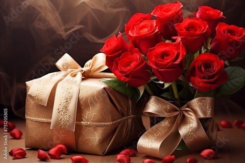 Womens day celebrations. vibrant gifts, blooming flowers, and love-filled red hearts © pueb