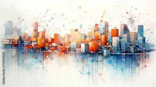 Abstract smart city watercolor painting, data connection with colorful lines and dots representing digital connectivity on white background.