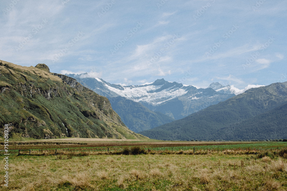 Rural New Zealand farm land with view of snowy Mount Aspiring