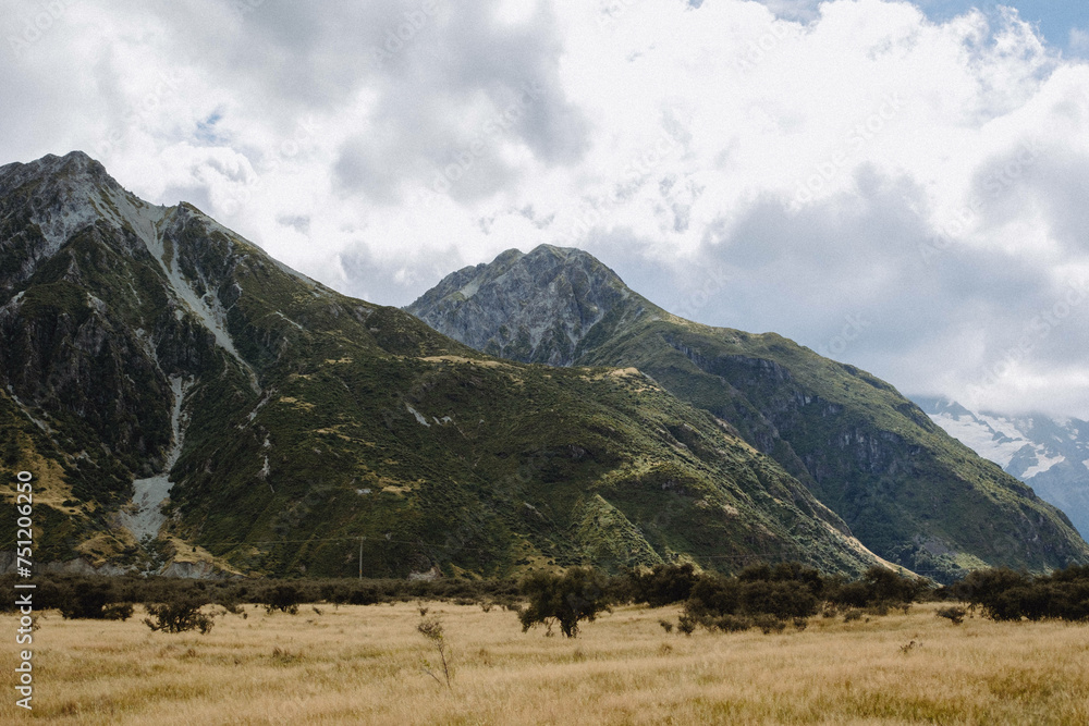 Scenic New Zealand countryside with towering green tree covered peaks