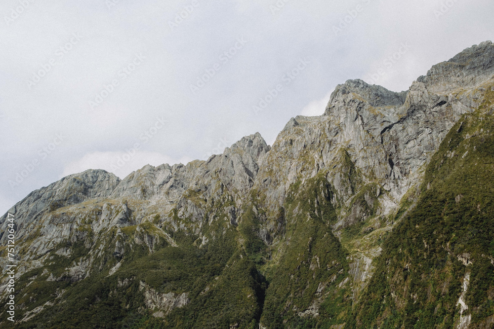 Rocky mountain peaks with lush green textured mountain range