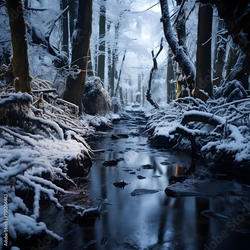 Winter landscape with a small river in the forest. Winter in the forest.