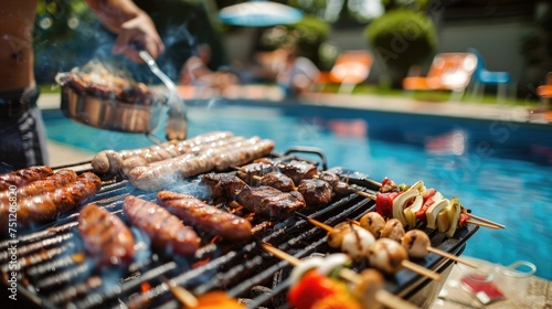 A male making barbecue at poolside party with family in backyard.