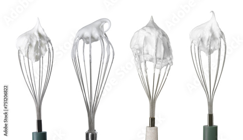 Many different whisks with cream isolated on white, collection