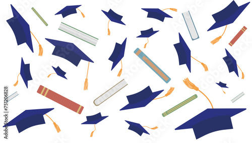 Flying graduation caps with tassels with books. Graduation ceremony, background. Vector illustration