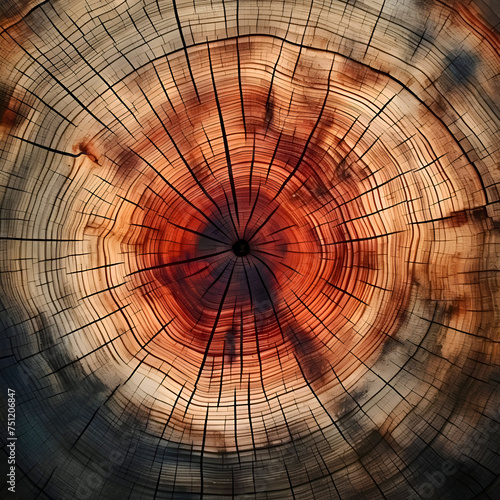 Cross section of tree trunk showing growth rings. Wooden background or texture.
