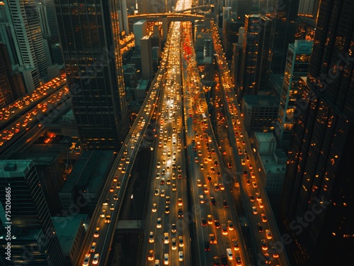 A stunning aerial shot capturing the glowing lights of a busy highway interchange at dusk  with a city skyline backdrop