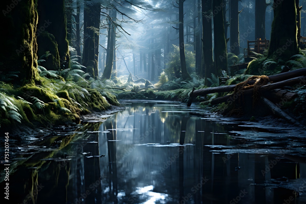 Panoramic view of a river in the dark forest with a fog
