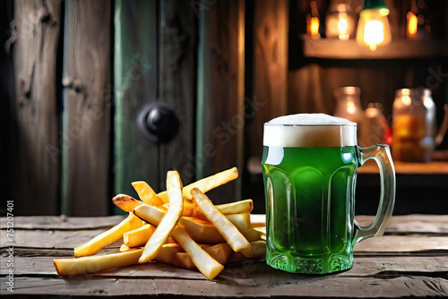 Green beer with French fries on wooden table on background of a pub. St. Patrick's day.