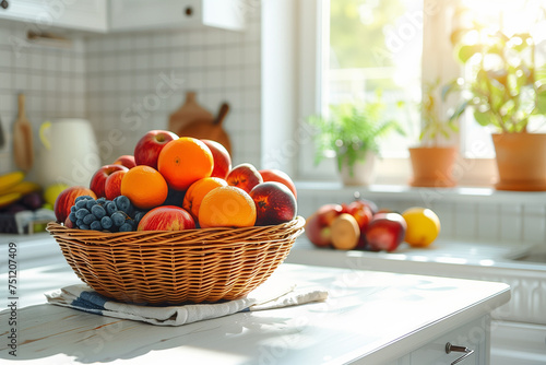 Basket with fresh fruits on wooden table in kitchen, closeup