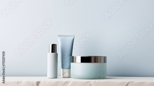 A trio of sleek cosmetic bottles with a minimalist design on a muted backdrop  perfect for branding