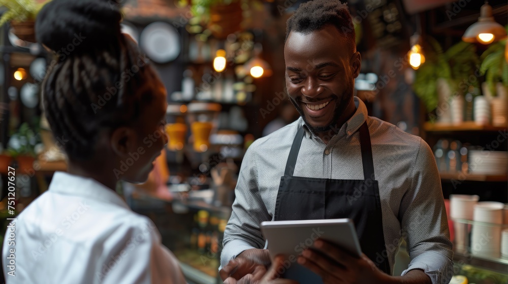 Happy waiter holding tablet with woman while taking her order in cafe. Happy waiter holding tablet with woman while taking her order in cafe.