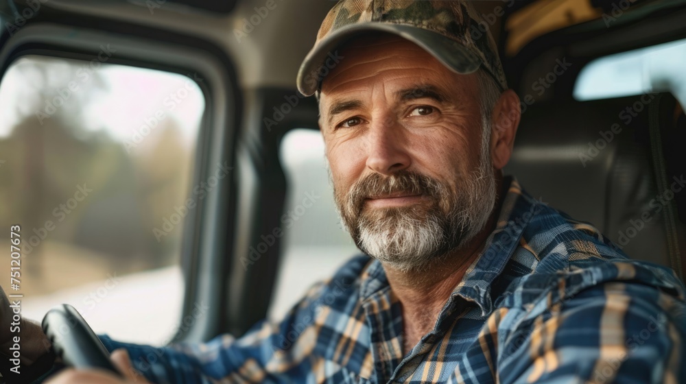 Happy professional truck driver driving his truck on the road. Happy professional truck driver driving his truck on the road.